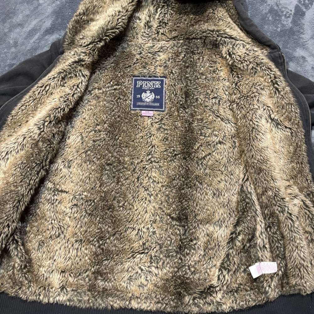 Victorias Secret PINK Y2K Hoodie Large Faux Fur Lined Bling Sequin Full Zip Read - Picture 8 of 11